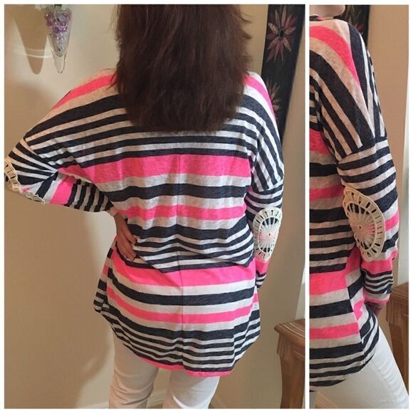 Pink White Gray High Low Striped Crochet Elbow Long Sleeve Top - Picture 3 of 3